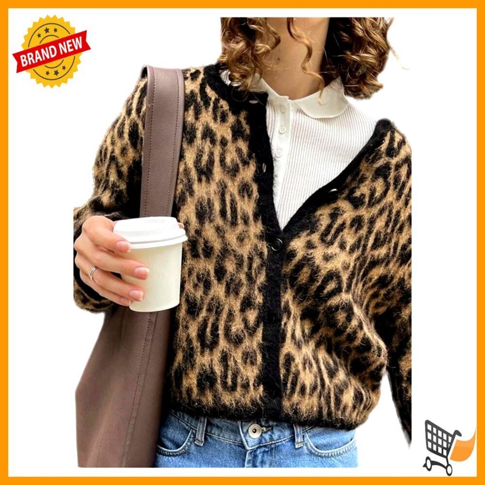 Leopard Cardigan Sweater Button Down Long Sleeve Fuzzy Knit Outerwear Y2K